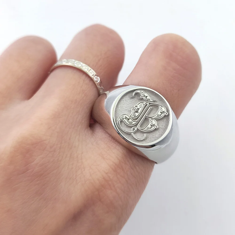 Custom  925 Solid  Silver Men Letter Engrave Ring  Personalized 15mm Chunky Signet Ring 3D engraved Royal  Initial Letter Ring