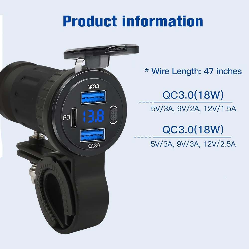 Picture 4: 3-Ports 12V Motorcycle QC 3.0 USB Fast Charger Waterproof with Type C Port New PD Outlet Handlebar Mounting Cellphone Chargers