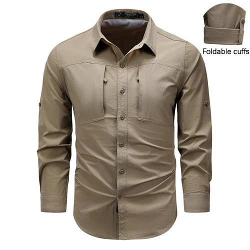 Camisa americana retro de manga larga con botones, transpirable y elástica en verano con múltiples bolsillos y mangas plegables