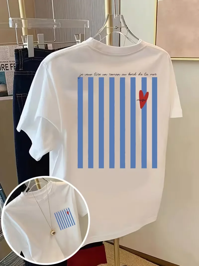 Reading By The Sea, camiseta con estampado de amor romántico, camiseta informal de manga corta con cuello redondo de doble cara para verano y primavera, ropa de mujer