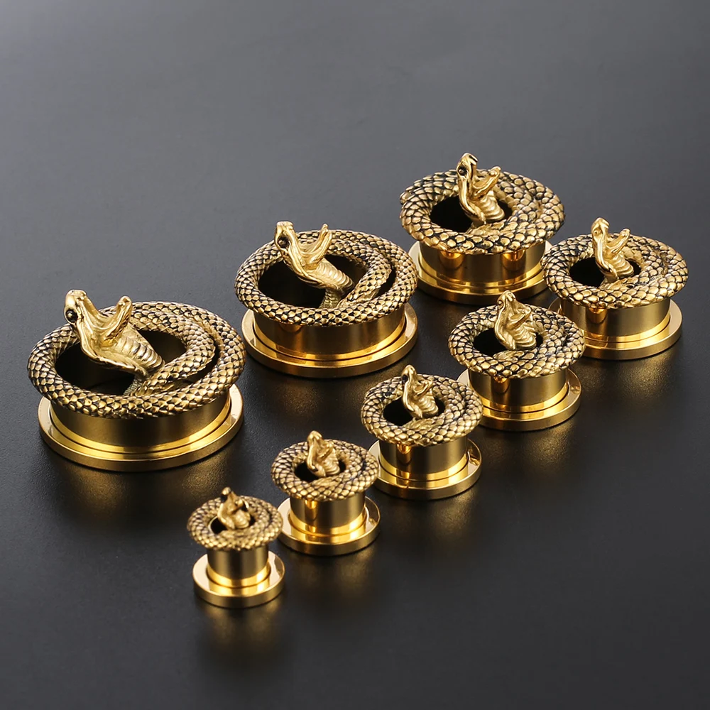 Giga 2Pcs Gothic Snake Ear Plugs Tunnels Gauges Expander Stainless Steel Screw Back Stretcher 8mm-25mm Body Piercing Jewelry