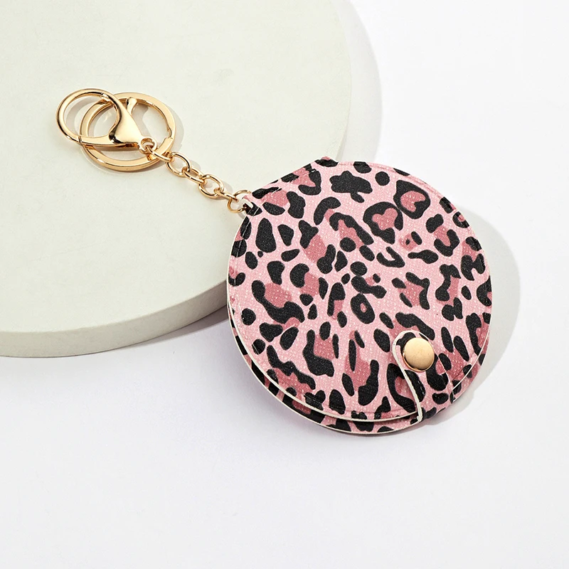 Leopard print makeup mirror keychain pendant with PU leather double-sided mirror Key Chains for bag decoration