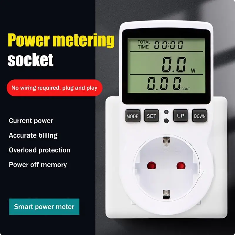 

European and US Smart Metering Socket, Plug-in Power Meter, Non-Illuminated Ampere and Volt Monitor