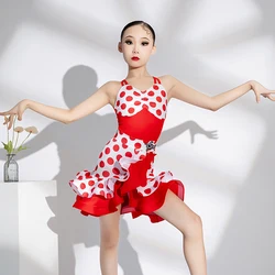 Summer Red Polka Dot Latin Dance Dress Girls Sleeveless Latin Dance Clothing Kids Professional Dancing Dresses Split Suit SL9917