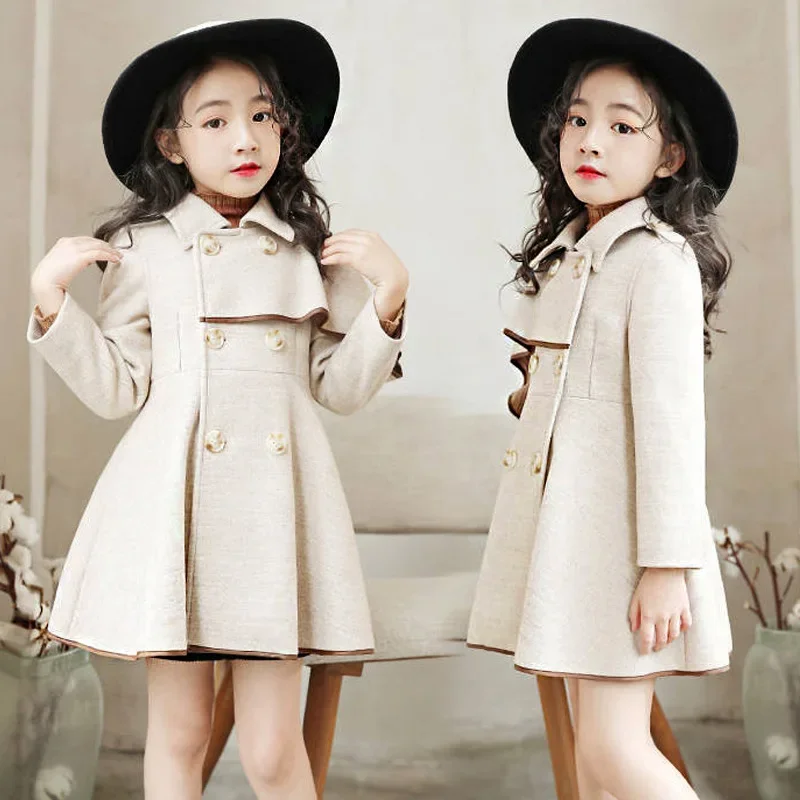 Girl\'s Woolen Long Coat Jacket Autumn Winter 2024 New Luxury Warm Thick Trench Solid England Style Windbreaker Kids Clothes