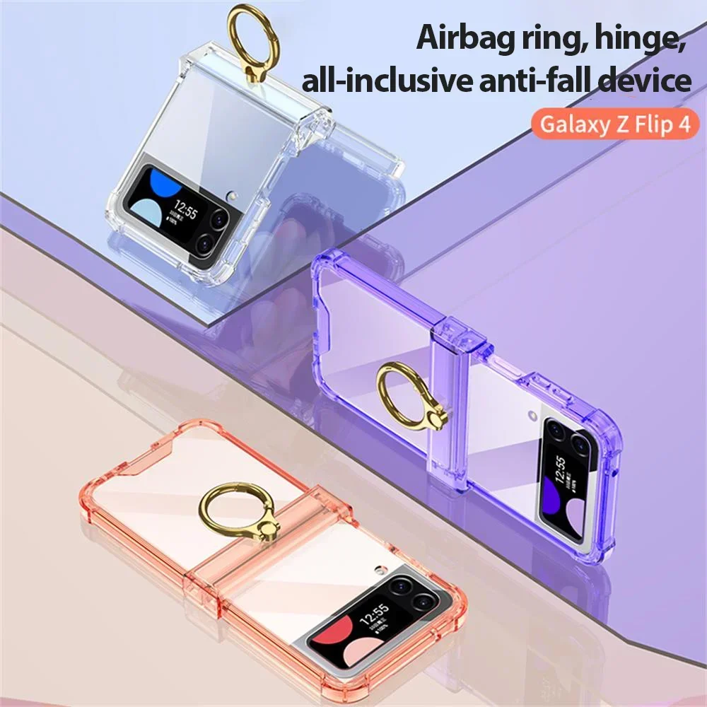 Transparent Ring Holder Bracket Folding Hinge For Samsung Galaxy Z Flip 5 4 3 Case Four Corner Shockproof Silicone Hard Cover