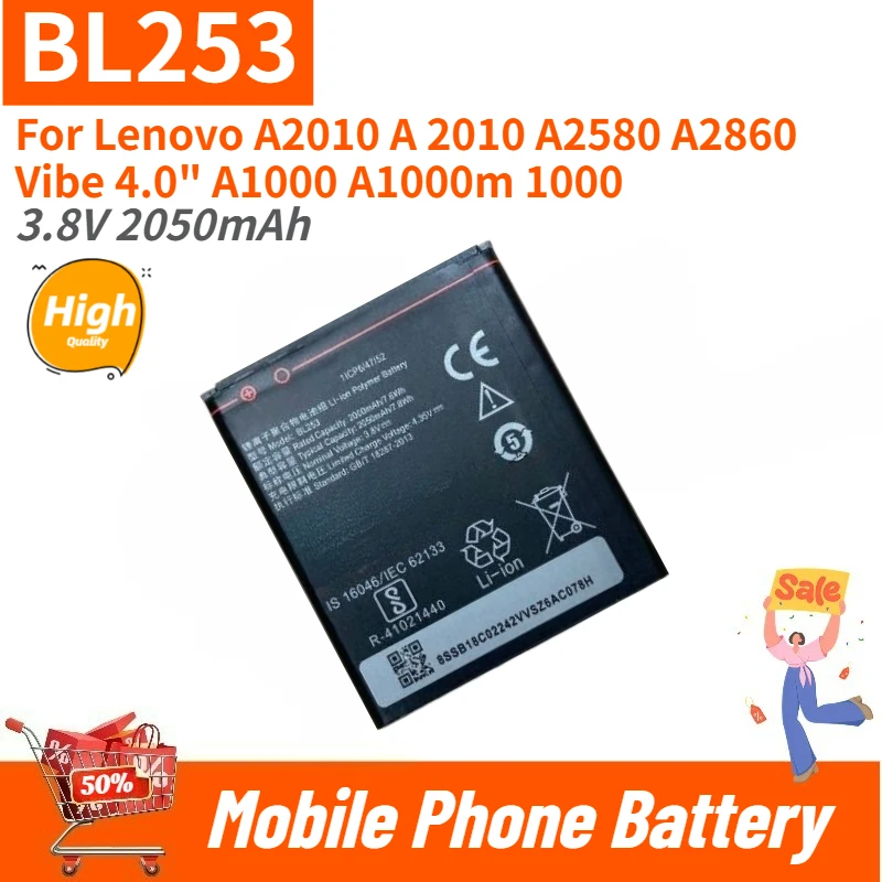 

100% New BL253 High Quality Phone Battery 3.8V 2050mAh For Lenovo A2010 A 2010 A2580 A2860 Vibe 4.0" A1000 A1000m 1000