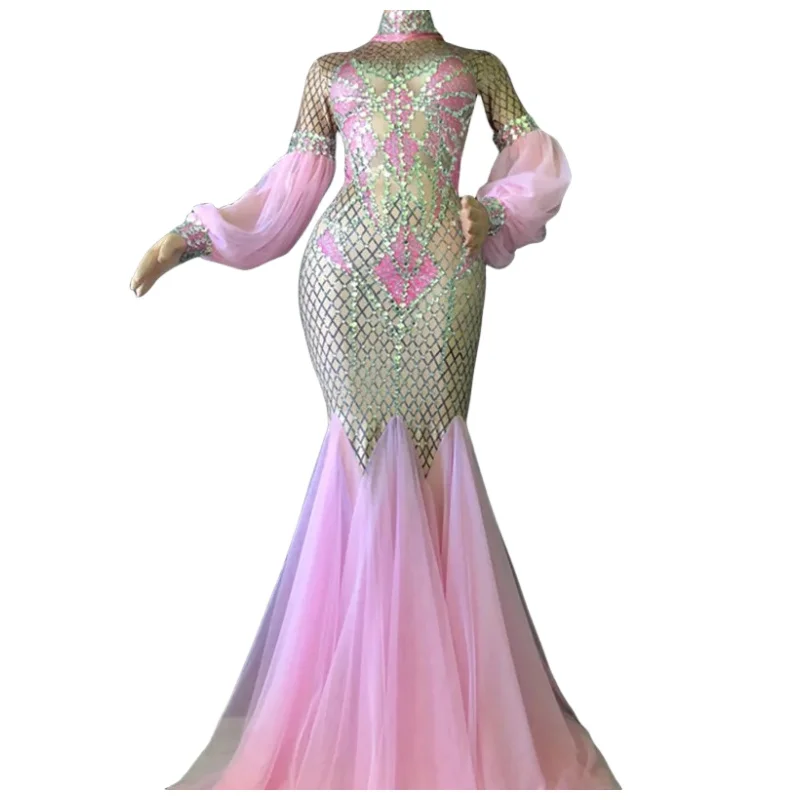 

Rhinestones Sexy Pink Trailing Long Dress Fishtail Dress Women Singer Star Stage Costume Prom Party Catwalk Performance Costume