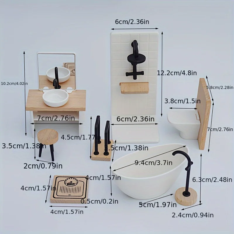 8pcs/set Deluxe Dollhouse Bathroom Furniture Set Miniature Bathroom Decorations for 1:12 Scale Dollhouses Complete Shower Room