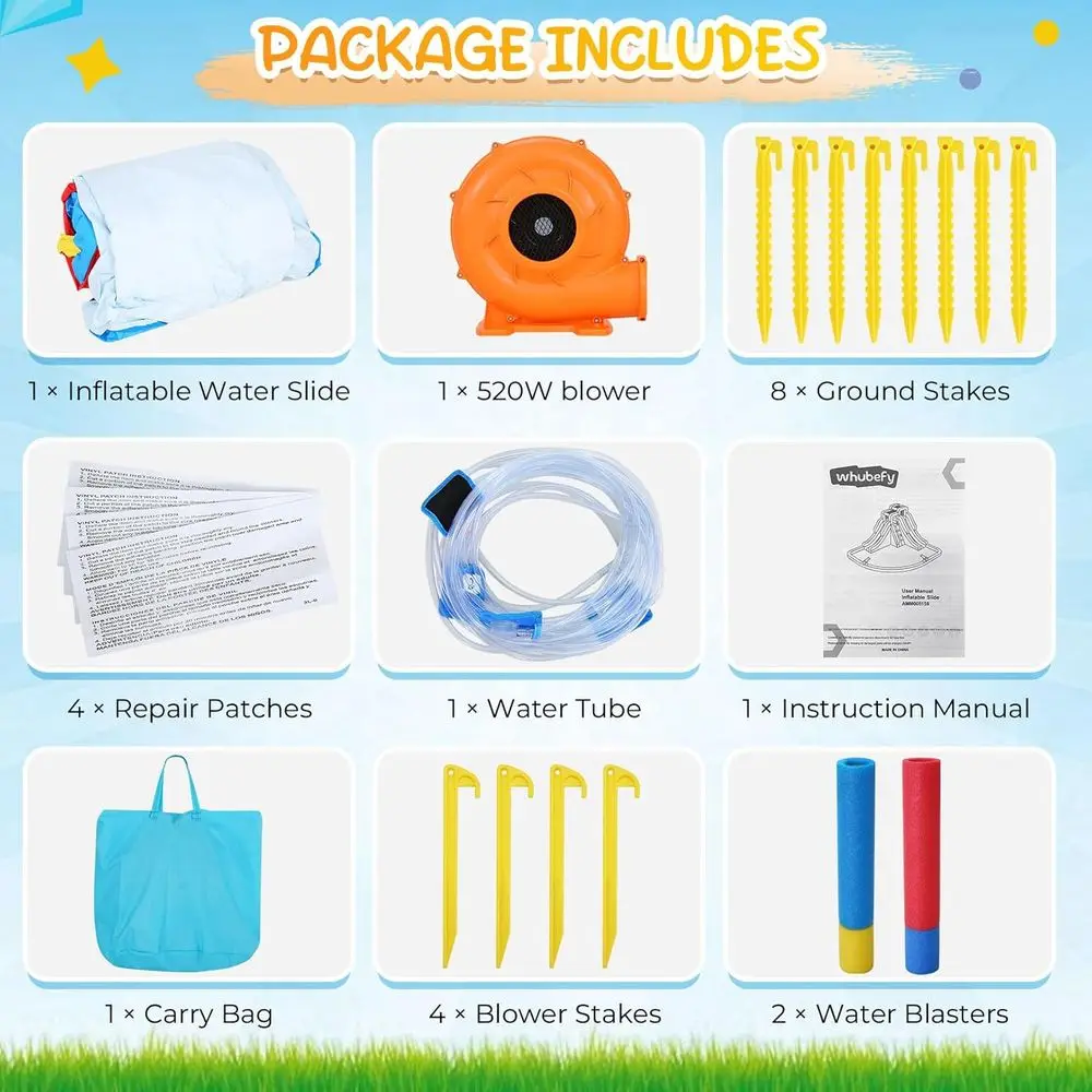 Ogromny dmuchany park wodny z podwójnymi zjeżdżalniami, strefą wspinaczkową, basenem do zabawy i wodnymi karabinami.