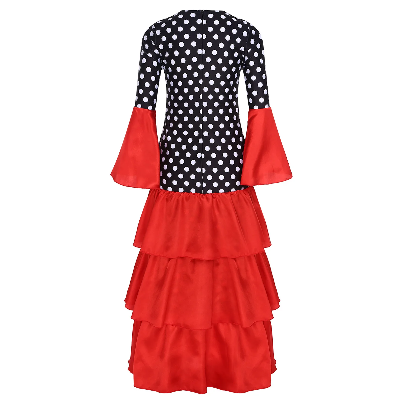 Girl Flamenco Dance Costume Flared Tiered Dress Polka Dots Print Dress Stage Performance Dancewear