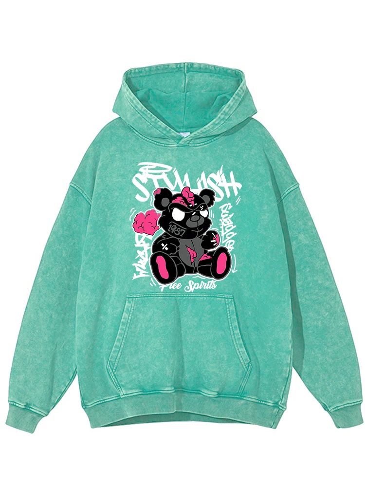 Cute Graffiti Cartoon Bear Print Women'S Cotton Washed Distressed Hoody Fashion Comfortable Hoodie Autumn Versatile Tops Female