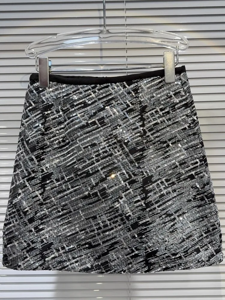 Frühling Sommer Mode hohe Taille Frauen Rock Reiß verschluss einfarbig glänzend Pailletten A-Linie Röcke sexy Wrap lässig Minirock weiblich