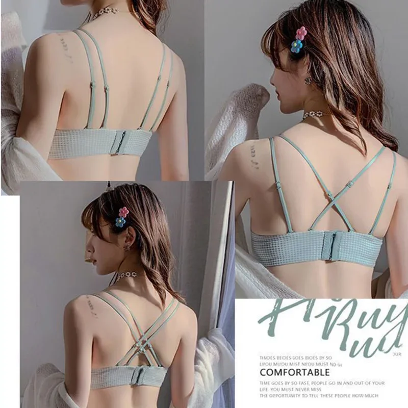 Push Up Sexy Bra Gather Lingerie for Teens Girls Cross Shoulder Strap Lattice Women Underwear Soft Thin Breathable Brassiere