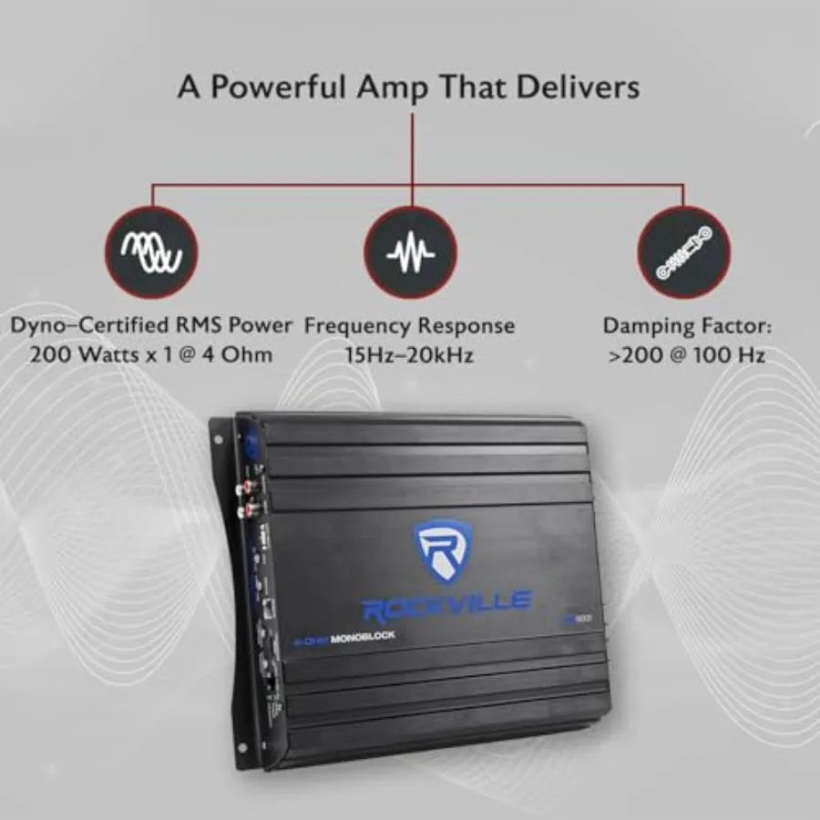 Car audio amplifier for subwoofer applications, aluminum chassis, black finish, Class AB design with 50-250Hz adjustable low-pa