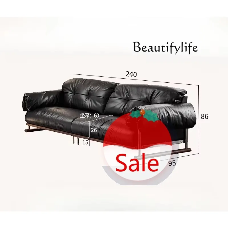 O10 Nordic Medieval Solid Wood Sofa First Layer Cowhide Living Room Home Medieval Straight Row Leather Sofa