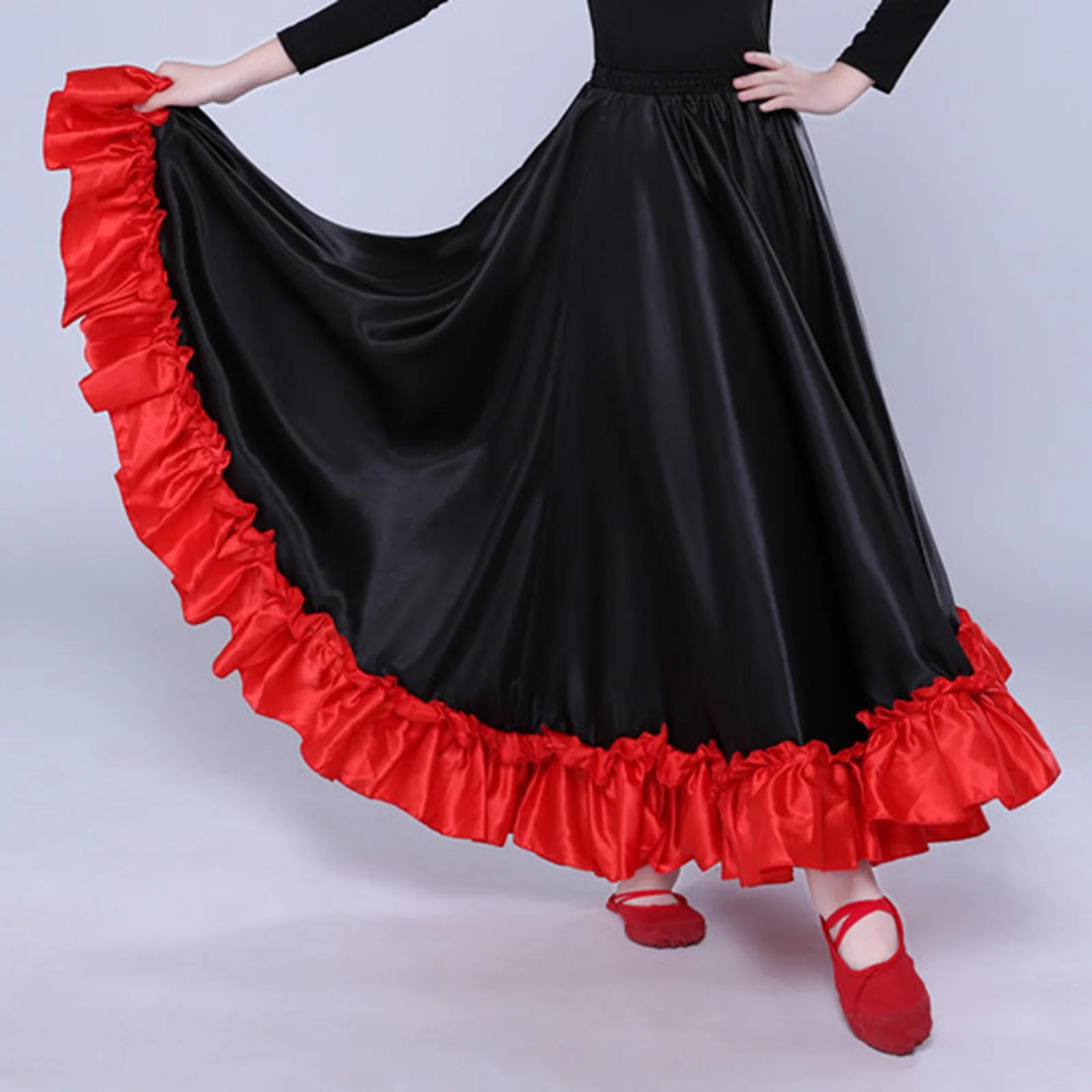 Kids Girls Spanish Paso Doble Matado Skirt Flamenco Latin Dance Stage Performance Costume Big Swing Ruffled Hem Skirt Dancewear