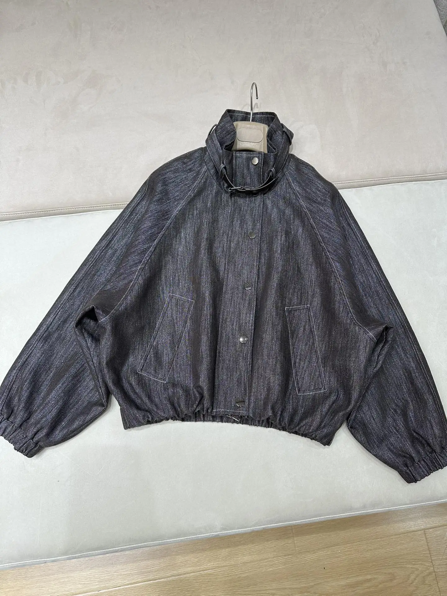 

Women Jacket Turtleneck Leather Buckle Zipper Denim Coat + Wide Leg Long Jeans