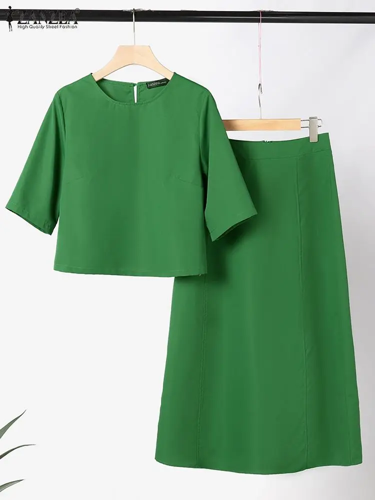 Zanzea Frauen solide 2 Stück Kleid Sets lässig Kurzarm Crop Tops Anzug Mode lange Röcke Outfits Urlaub einfach passende Sets