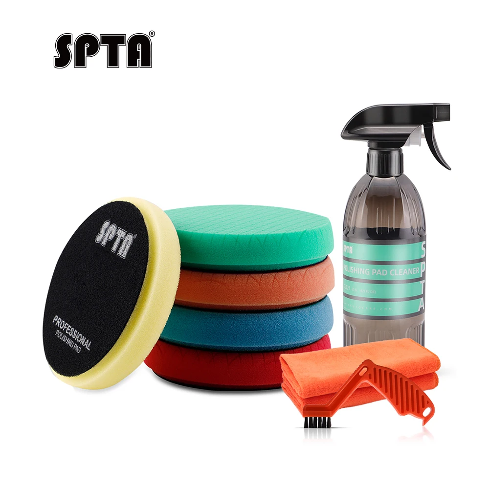 SPTA Buffing Polishing Pads Kits, with 5Pcs Polishing Pads,1 Polishing Pad Cleaner, 2 Microfiber Towel and 1 Pad Cleaning Brush