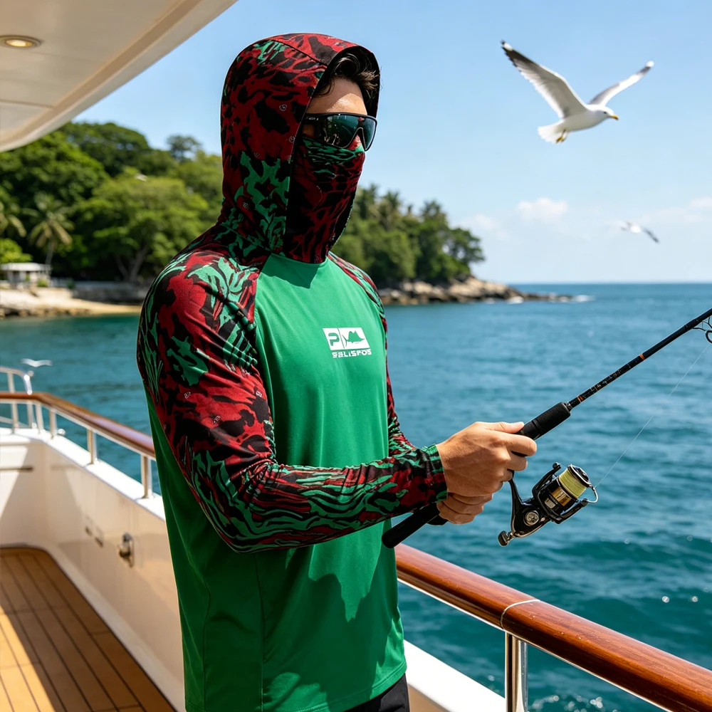 

Long Sleeve Fishing Shirts UPF50+ UV Protection Fishing Hoodies Breathable Quick Dry Fishing Wear With Face Mask for Men Fishing