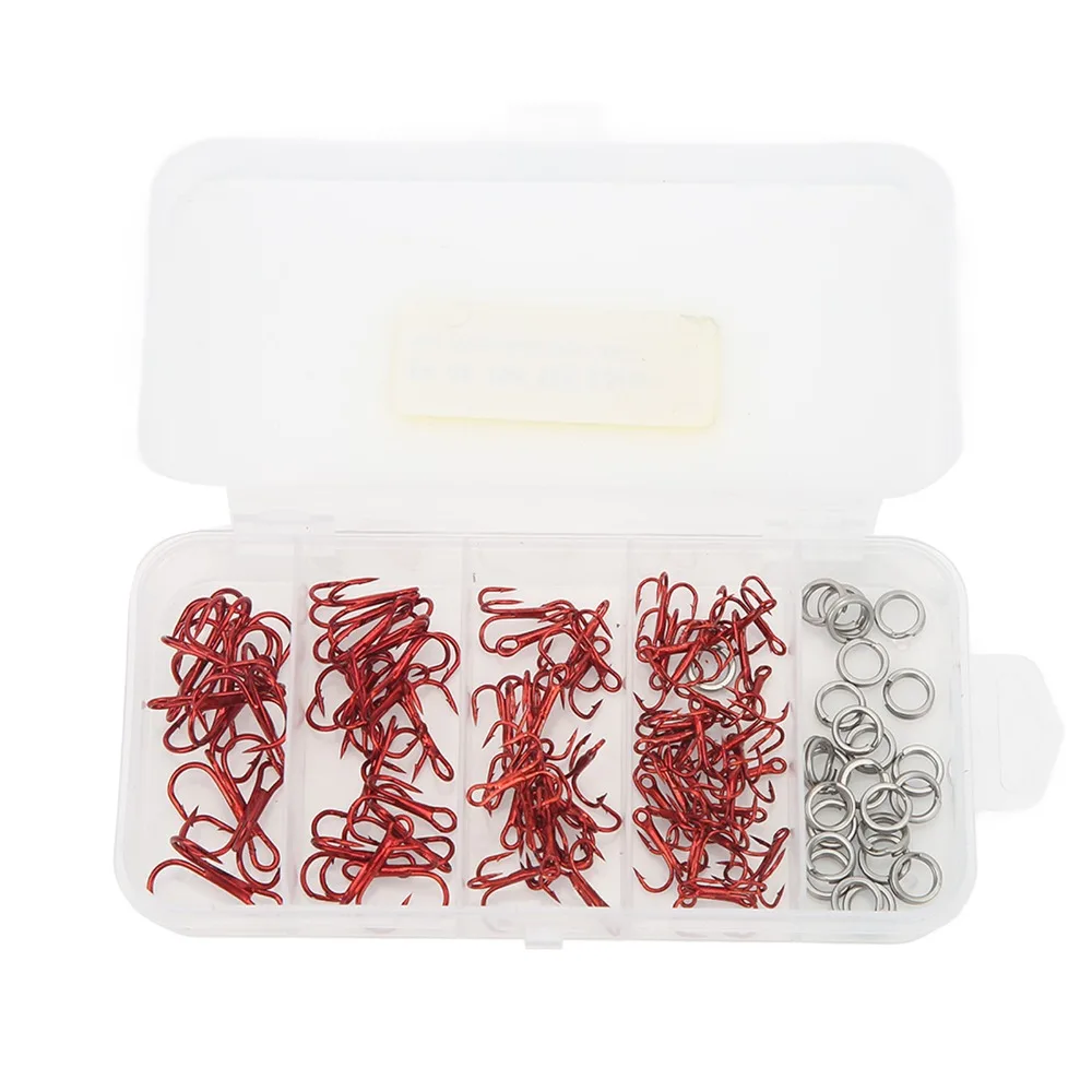 

100PCS High Carbon Steel Treble Fishing Hooks Strong Sharp with Double Split Rings Fishing Hooks Kit Triple Barbed Hooks