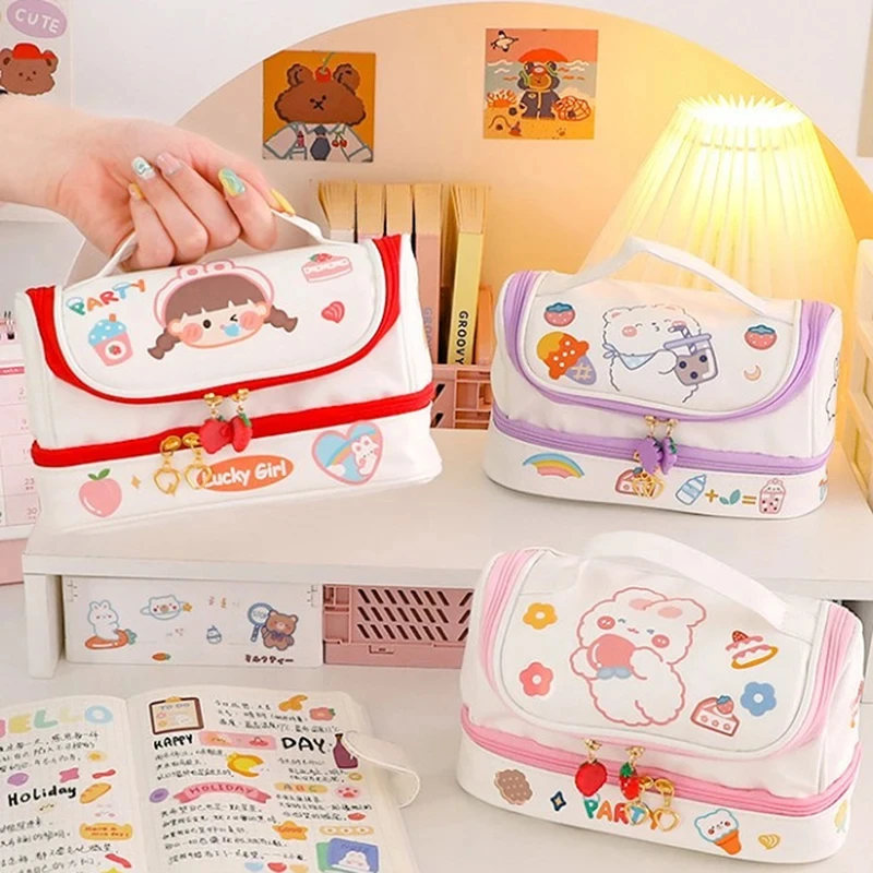 Kawai Cartoon Makeup Bag Cute Baer Rabbit Cosmetic Handbag portamatite portatile per studenti astuccio per trucco da donna