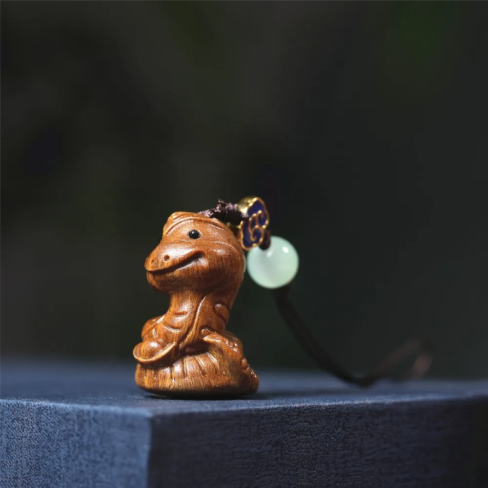 Statue Mini Zodiac Snake Dolls Auspicious Beads New Year Carved Pendant Phone Chain Rope Green Sandalwood Ornament Men