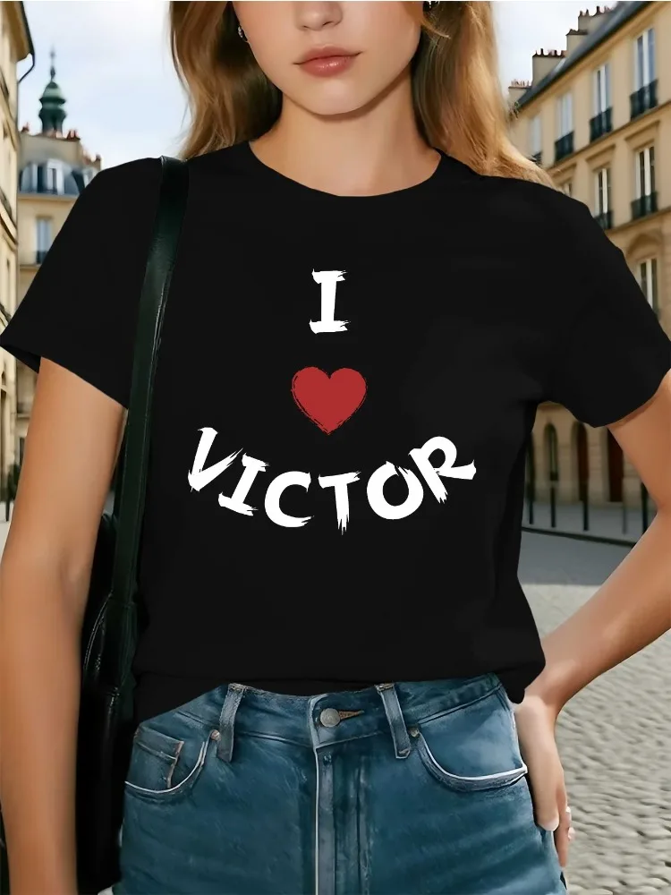 Ladies I Love Victor Pattern T-shirt. Casual Short Sleeved Red Heart Design Suitable for Casual Fun. Pattern T-shirt