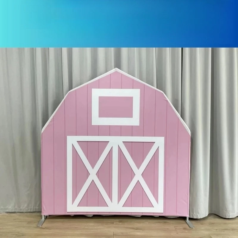

Pink Frame Barn Arch Party Stand, Fabric Print, House Backdrop, Cover for Kids Birthday, Baby Shower, Wedding Photo Booth