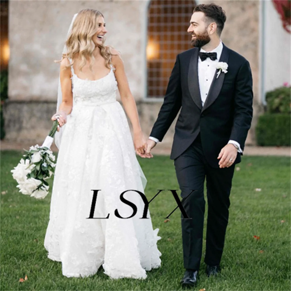 LSYX Square-Neck Sleeveless Appliques A-Line Tulle White Wedding Dress Open Back Court Train Bridal Gown Custom Made