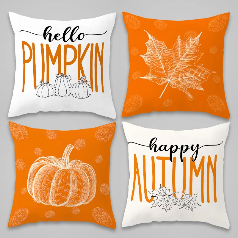 Set of 4 Autumn Pumpkin Pillow Covers Throw Pillows Fall Decor Harvest Farmhouse Seasonal Cushion Covers for Halloween