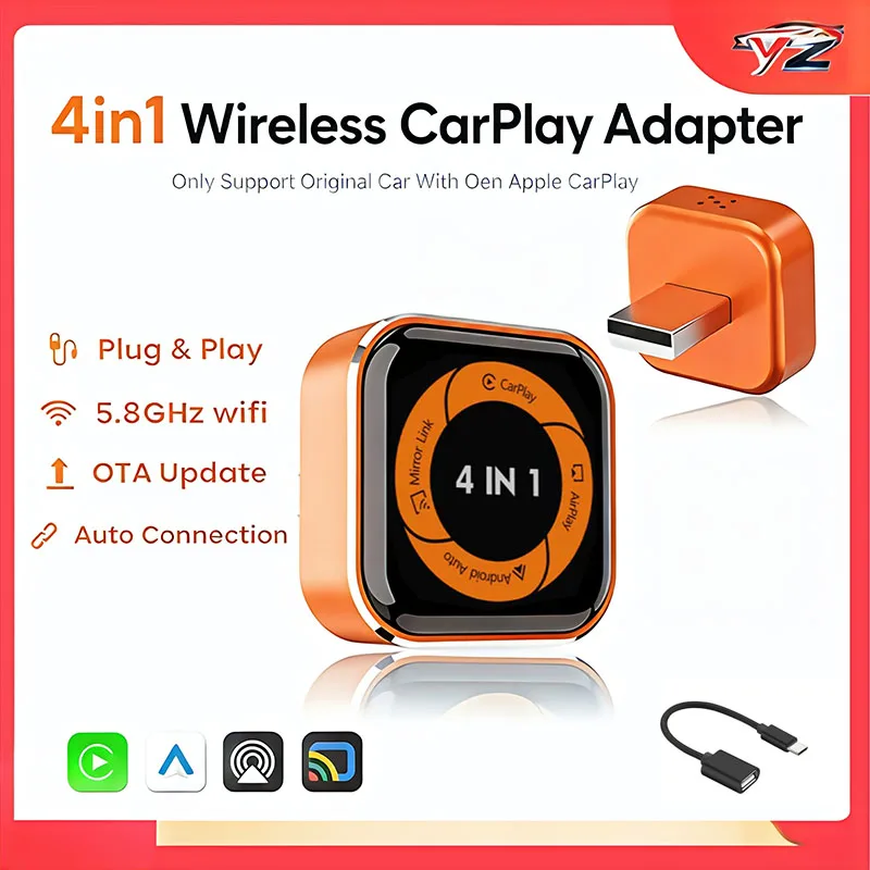 New Wireless CarPlay Adapter for Apple iPhone ＆Android Auto 4 in 1, Mini USB CarPlay Dongle Wirn with Fast Stable Connectio
