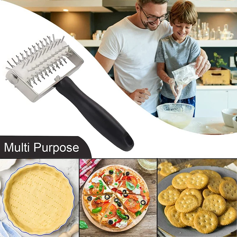 Pizza Dough Roller Stainless Steel Pizza Pin Puncher Dough Hole Maker Pizza Dough Roller Kit With Plastic Handle, Docking Tool