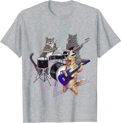 Cat Band Rock Kitties on Bass Guitar and Drum Funny MenT-Shirt Men Clothing Casual Cotton Daily Four Seasons Streetwear