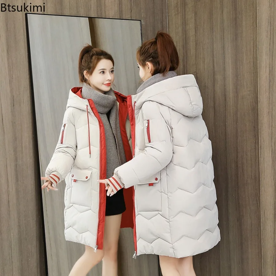 2026 Winter Women Medium Length Jacket Coats Long Parkas Female Down Cotton Hooded Overcoat Loose Casual Thick Warm Jackets