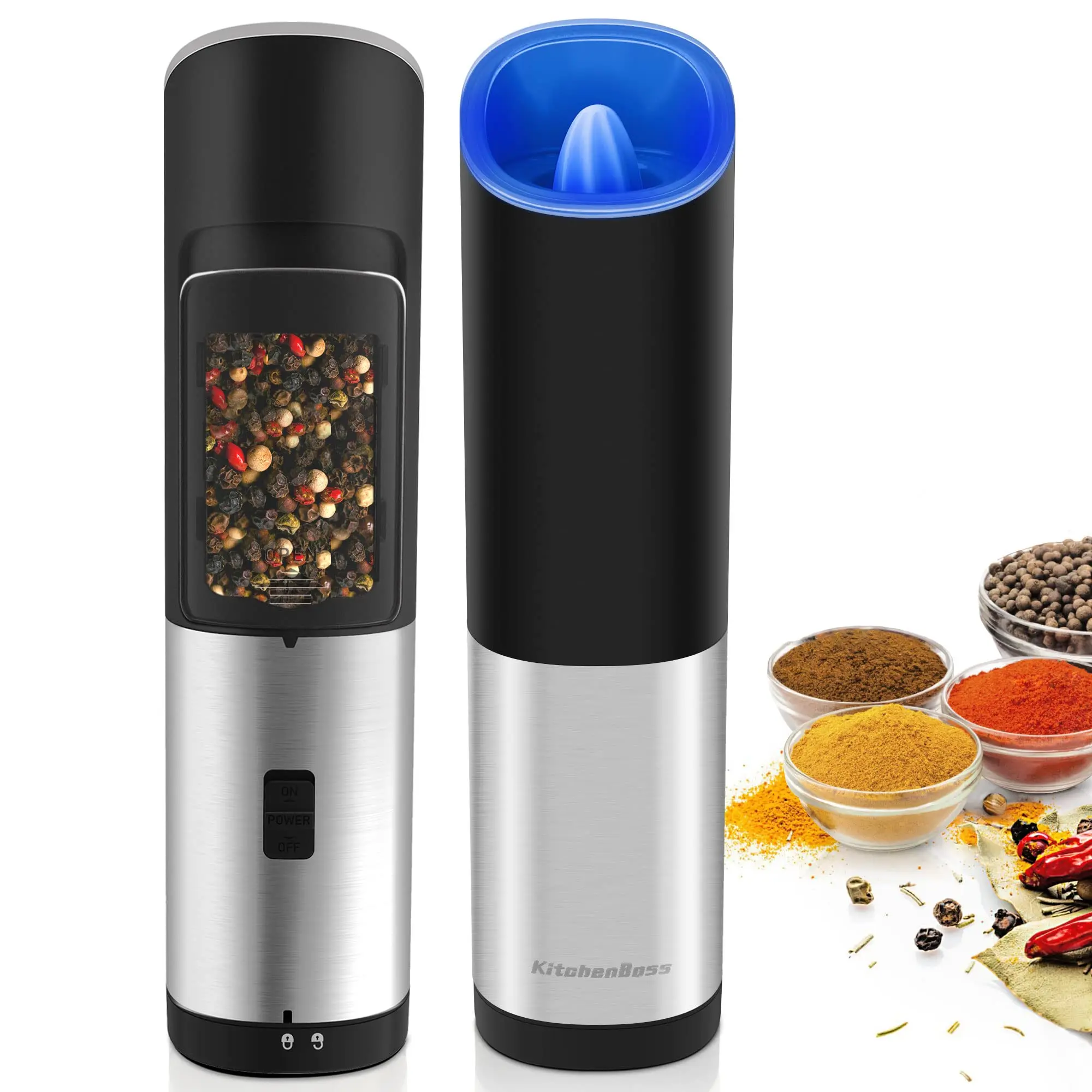 

Gravity Electric Salt and Pepper Grinder Set, Adjustable Coarseness, Warm LED Light, Battery Powered, Electric Pepper Mills