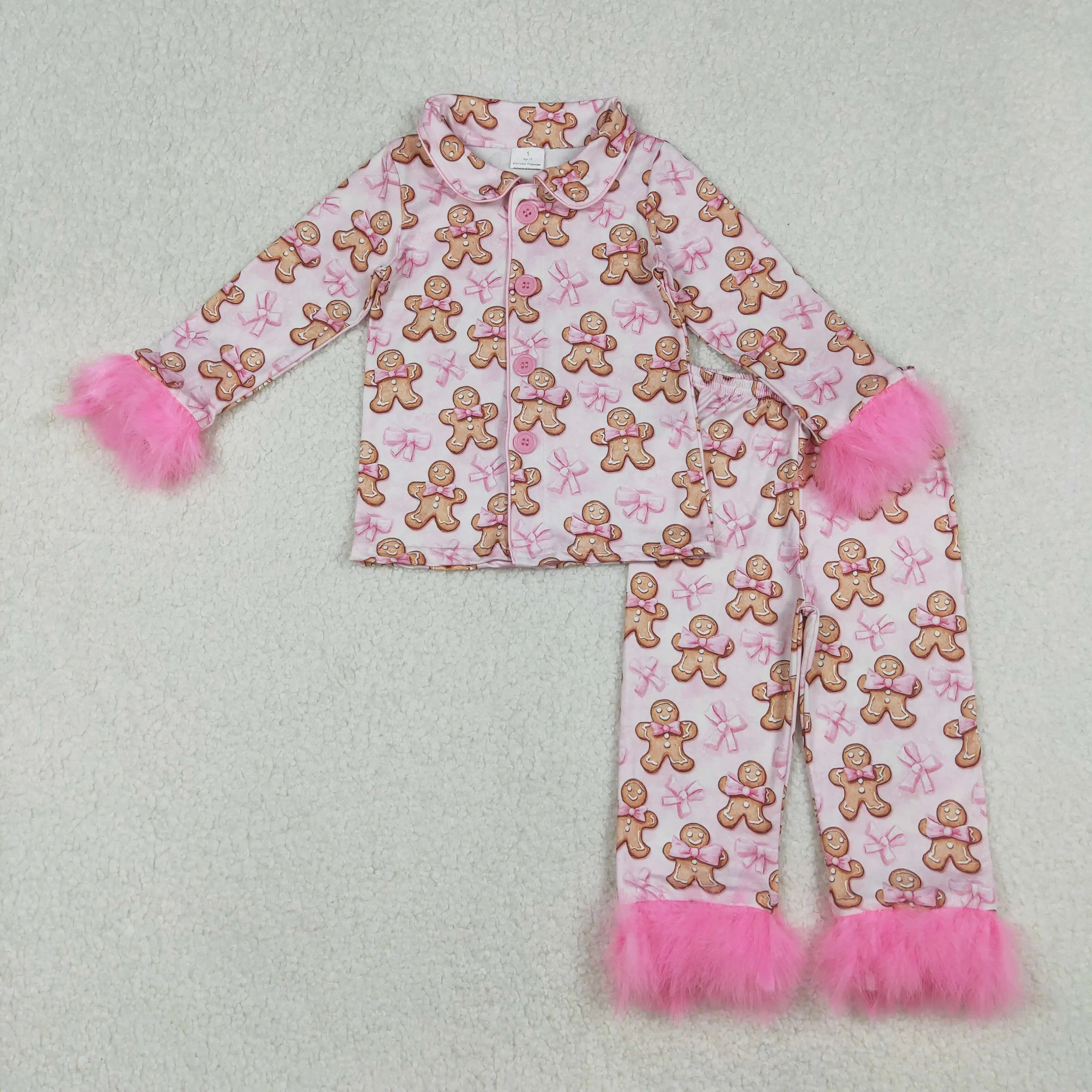 

Baby Girls Pink Fur Gingerbread Christmas Pajamas Set with Button Top And Pants Adorable Pink Bow Detail Button down Sleepwear