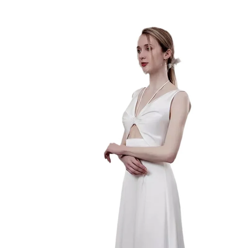 فستان زفاف فرنسي بسيط أنيق للزواج والخطوبة فستان سهرة رخصة العروس فستان أبيض نحيف