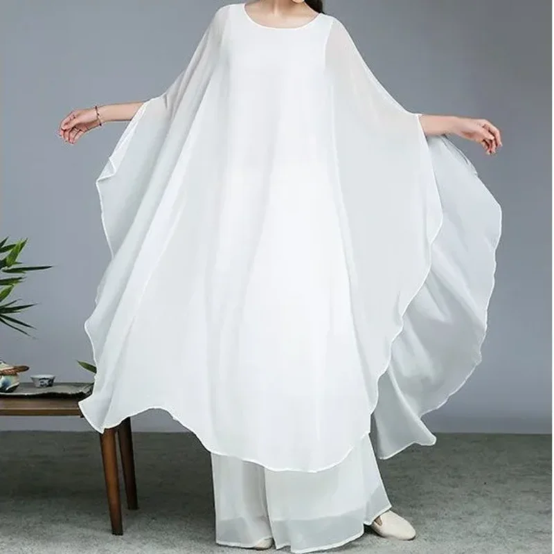 Women Batwing Sleeve Chiffon Two Piece Set Loose Long Cover Up Wide Leg Pants Modern Dance Casual Outfit