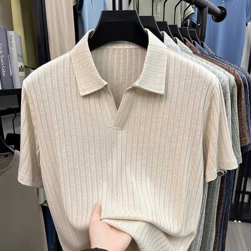 Herren Atmungsaktives Strick-Poloshirt Kurzarm V-Ausschnitt Gestreifter Stoff Bequem Leichtgewichtig Lässig Business Tägliche Kleidung – Detail 10