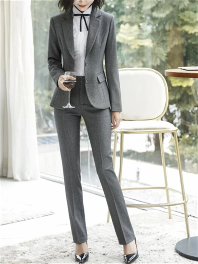 Set da 2 pezzi Abbigliamento da ufficio Moda donna Button Up Slim Blazer a maniche lunghe Vintage Pantaloni a matita a vita alta Abiti JJ1079