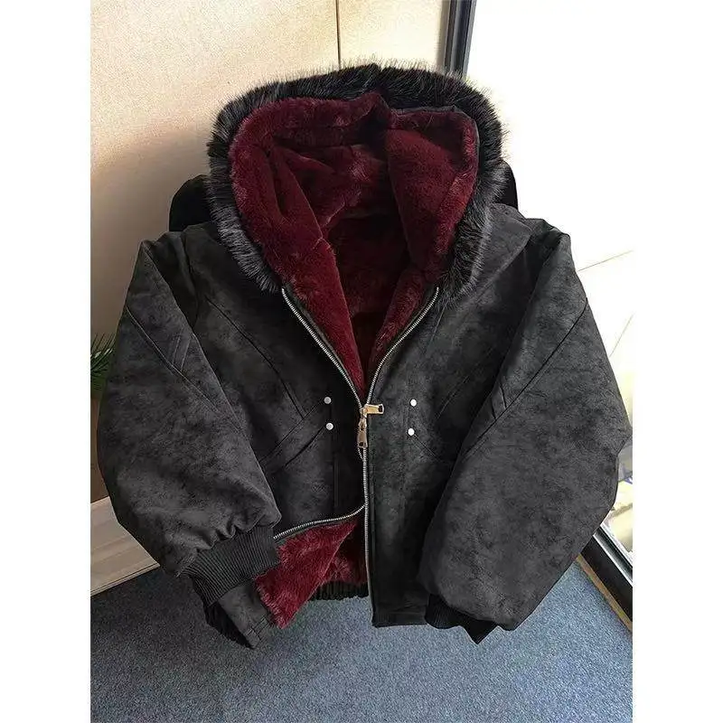 Red Faux Fur Lining PU Leather Winter Coat Man Woman Winter Warm Thicken Fleece Hooded Jacket Padded Coats