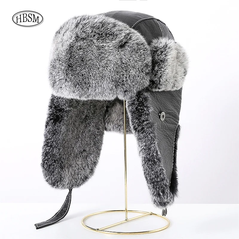 Fur Hat Men Russian Ushanka Bomber Hats Pilot Trapper Trooper Hat Winter Warm Real Rabbit Fur Earflap Men Snow Caps