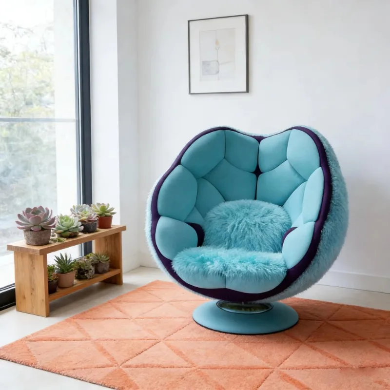 Blue-purple color matching petal-shaped plush leisure chair with rotatable base living room chair