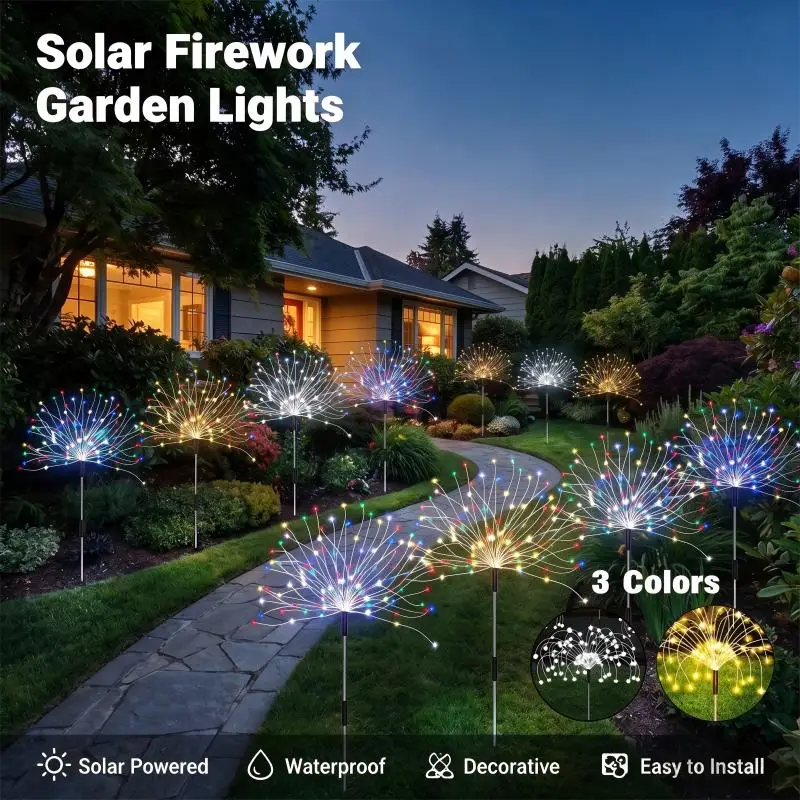 Solar Firework Lights Outdoor Decorative LED Dandelion Pathway Lamps IP65Waterproof 3 Colors-String Lights for Garden Patio Yard