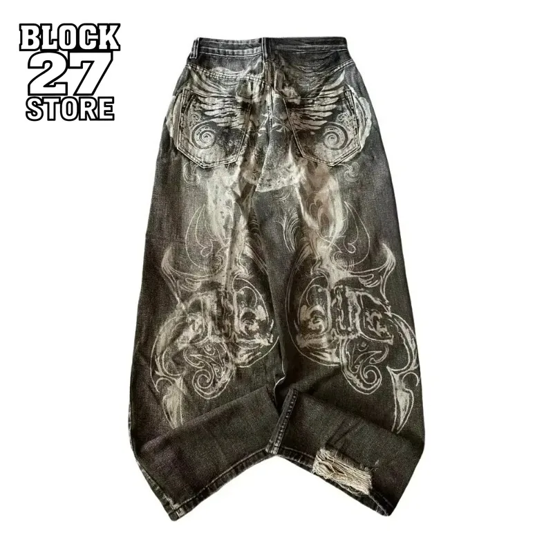 Mens Jeans Harajuku Streetwear Oversized Print Baggy Y2K Gothic Hip Hop Vintage High Waist Wide Leg Denim Pants Casual Fashion