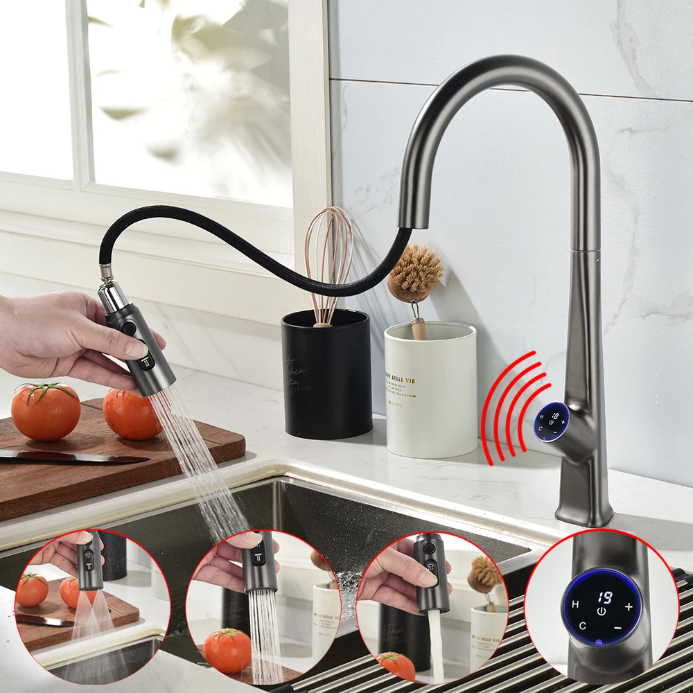 الذكية التلقائي الاستشعار صنابير المطبخ Touchless بالوعة المطبخ صنبور سحب أسفل رذاذ LED شاشة ديجيتال اللمس صنبور حوض خلاط المطبخ حنفية حثية فاخرة حديثة لمطبخ صنابير مياه خلاطات مطبخ ذهبية مصقولة لفيلا منزل فندق تجديد #2