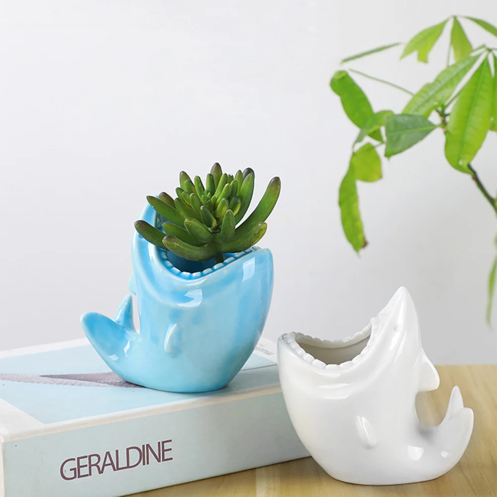 

2Pcs Ceramic Flower Pots Shark Shape Succulent Plant Container Creative Desktop Home Office Decoration