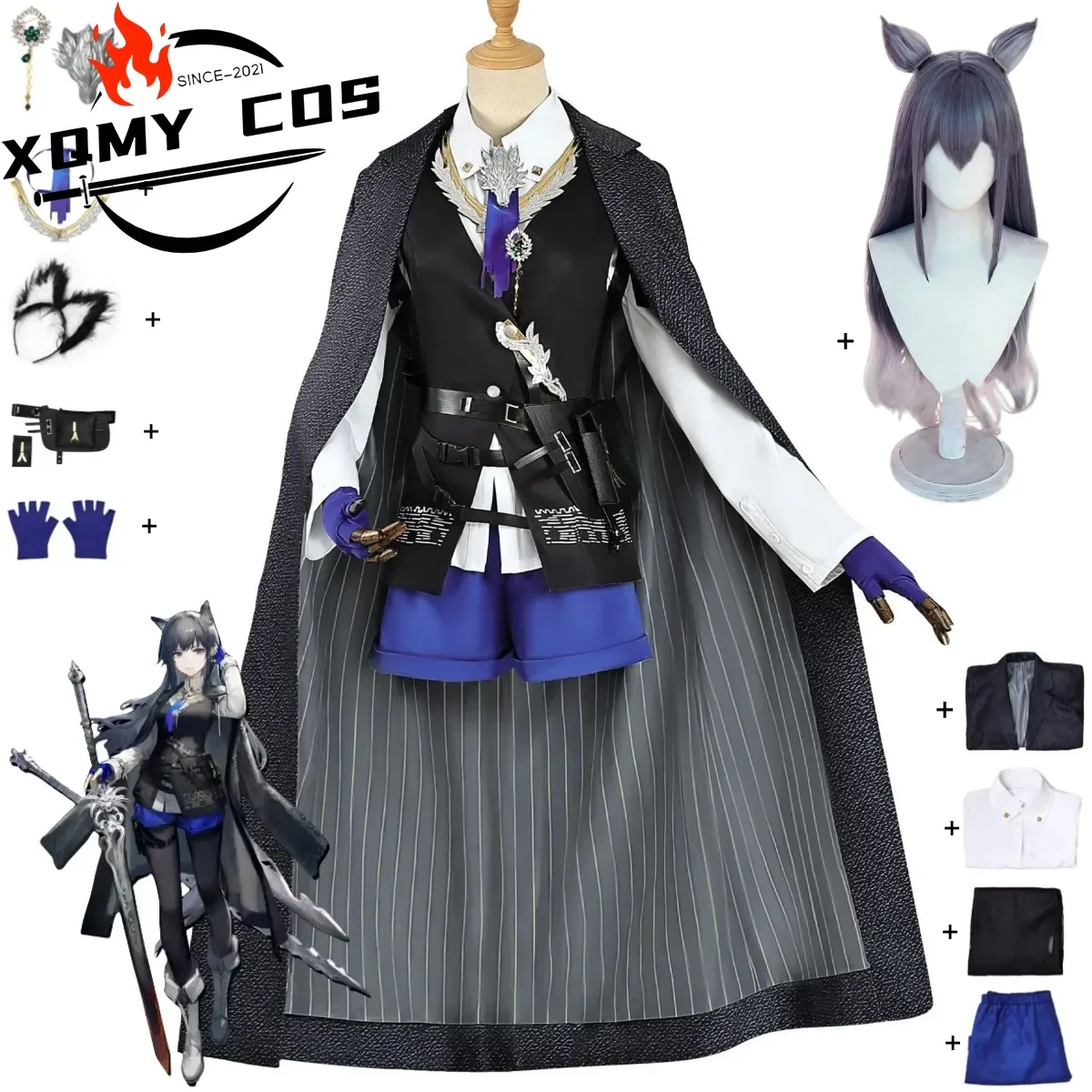 

XQGame Arknights Texas The Omertosa Косплей Костюм Серый Плащ Пальто Шорты Униформа Полный Комплект Парик Женский Сексуальный Карнавальный Костюм Партии